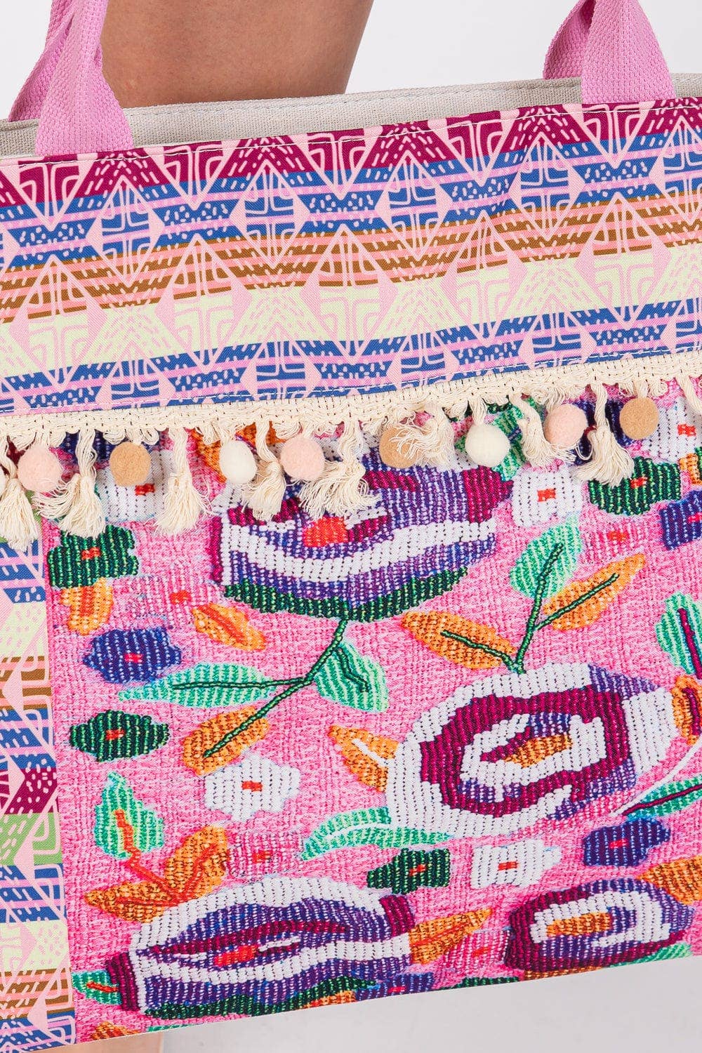 Boho Print Pom Pom Fringe Tote Bag