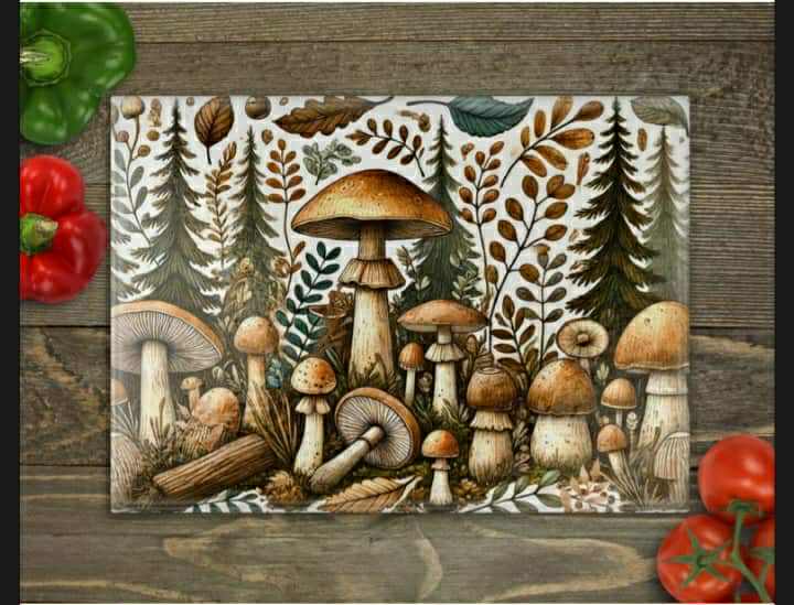 Brown Mushrooms Glass Cutting Board