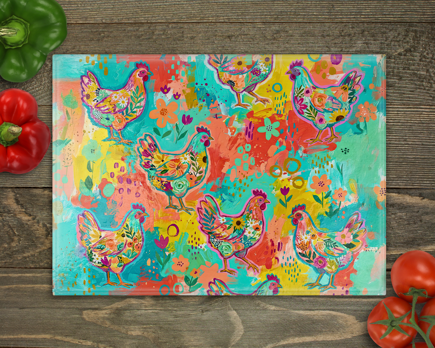 Paint Brush Chickens Glass Cutting Board