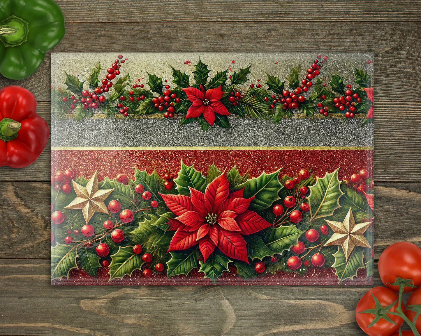 Poinsettia Holly Glass Cutting Board