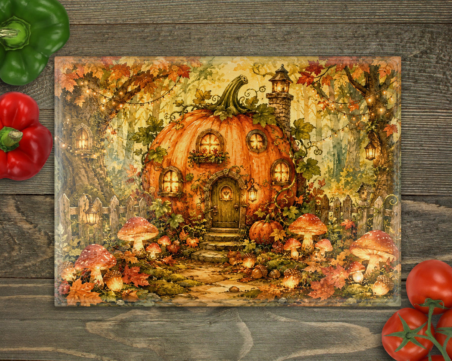 Pumpkin Fairy House Glass Cutting Board