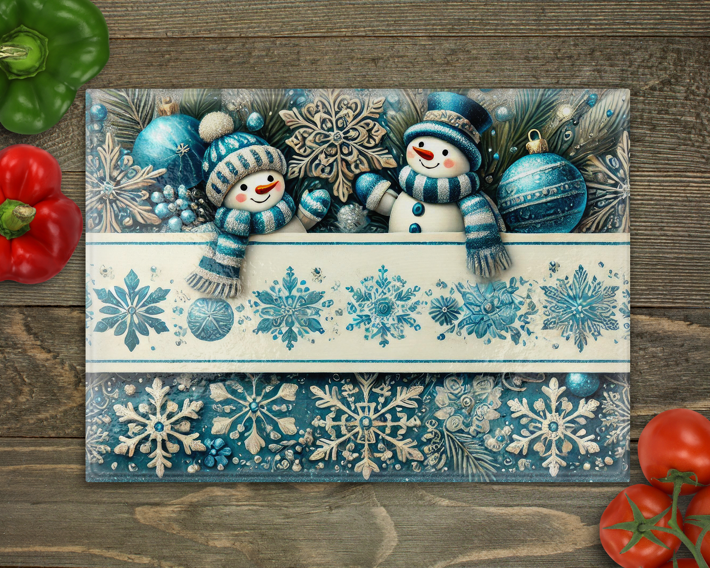 Blue Snowmen Glass Cutting Board