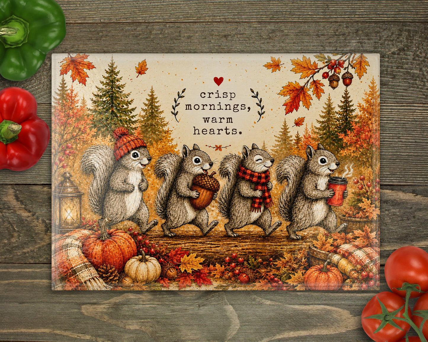 Squirrels Crisp Mornings Glass Cutting Board