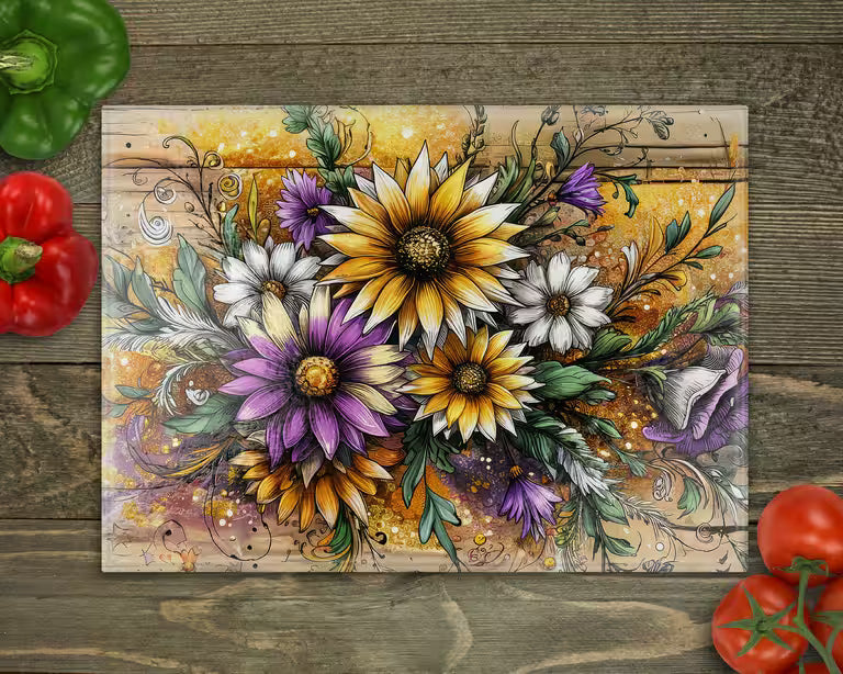 Country Flowers Glass Cutting Board