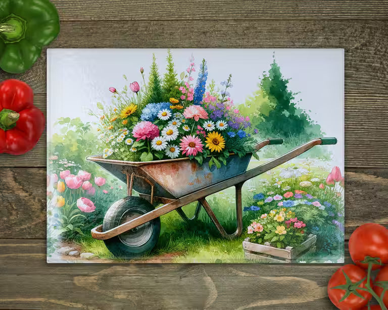 Spring Garden Wheelbarrow Glass Cutting Board