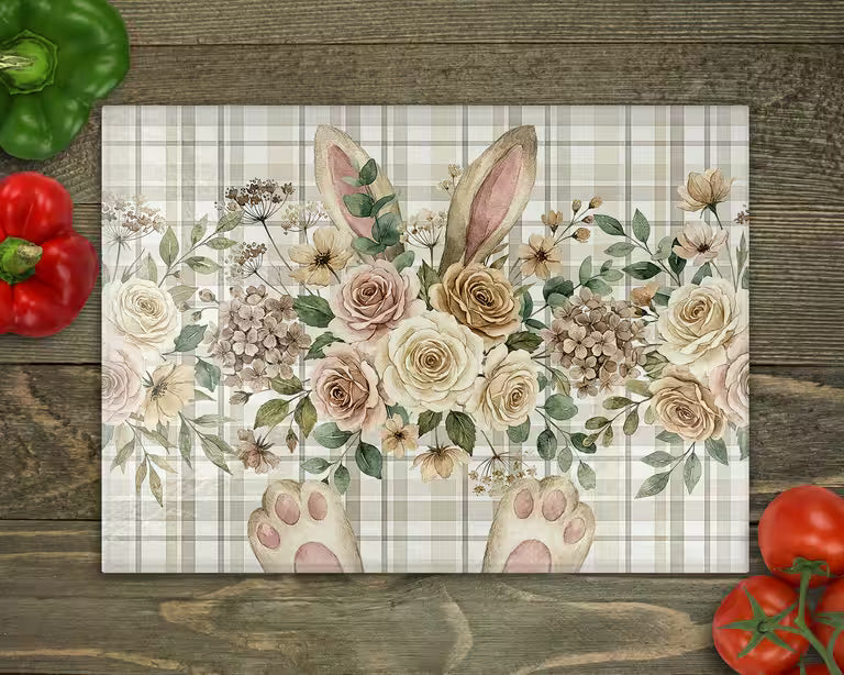 Floral Bunny Ears and Feet Glass Cutting Board