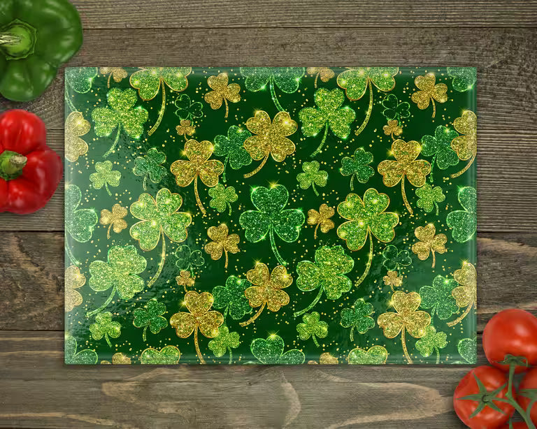 Glitter Clovers and Shamrocks Glass Cutting Board