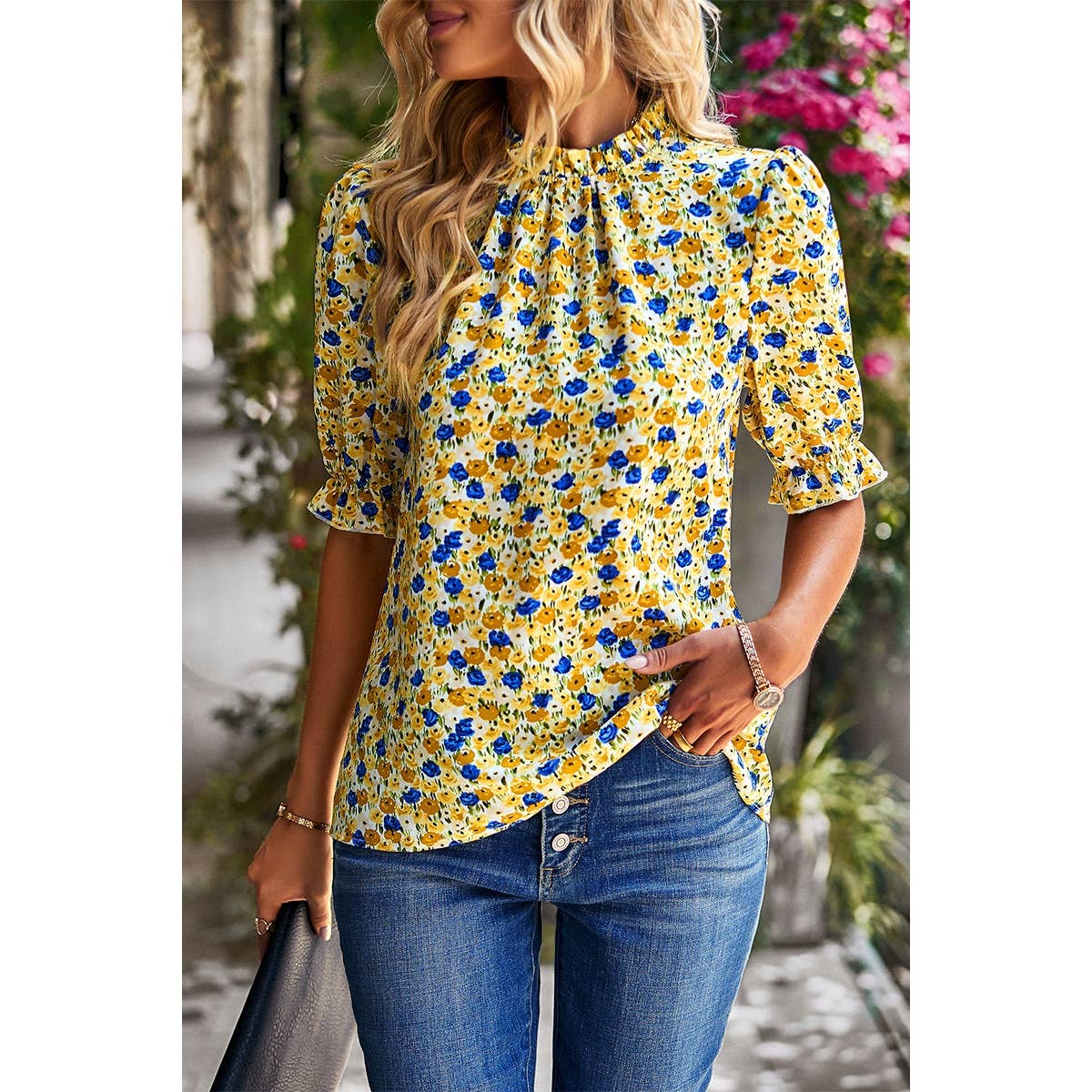 Boho Floral Ruffle Mock Neck Puff Short Sleeve Shirt