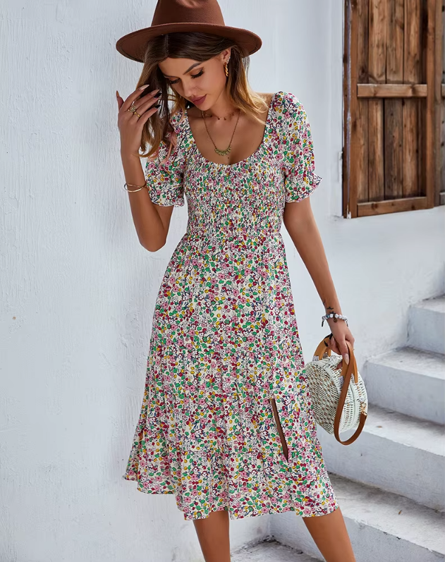Bohemia Floral Puff Sleeve High Waist Flounce Sleeve Dress