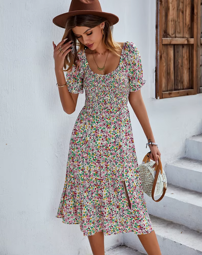 Bohemia Floral Puff Sleeve High Waist Flounce Sleeve Dress