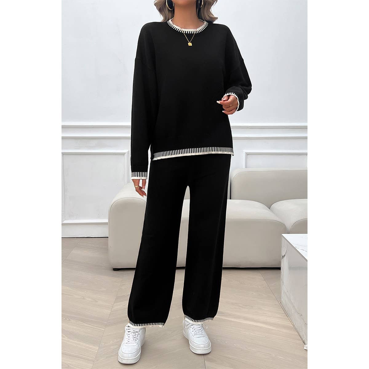 Color Block Round Neck Drop Shoulder Loose Set