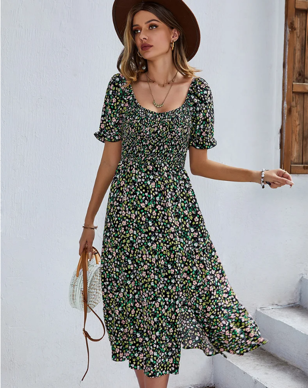 Bohemia Floral Puff Sleeve High Waist Flounce Sleeve Dress