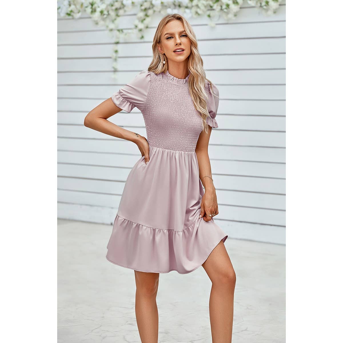 Solid Puff Sleeve Shirred Detail Ruffle Hem Dress