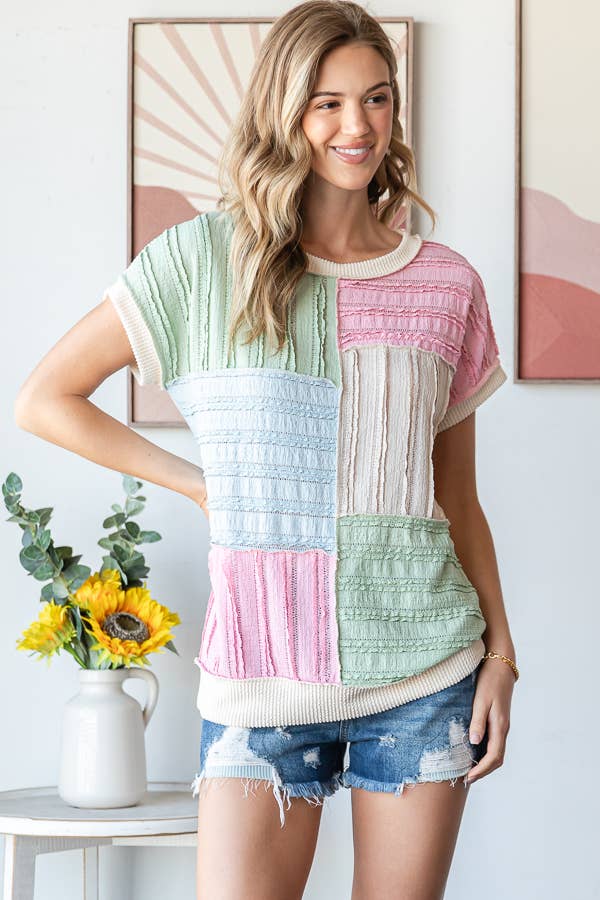 Color Block Textured Patchwork Short Sleeve Top