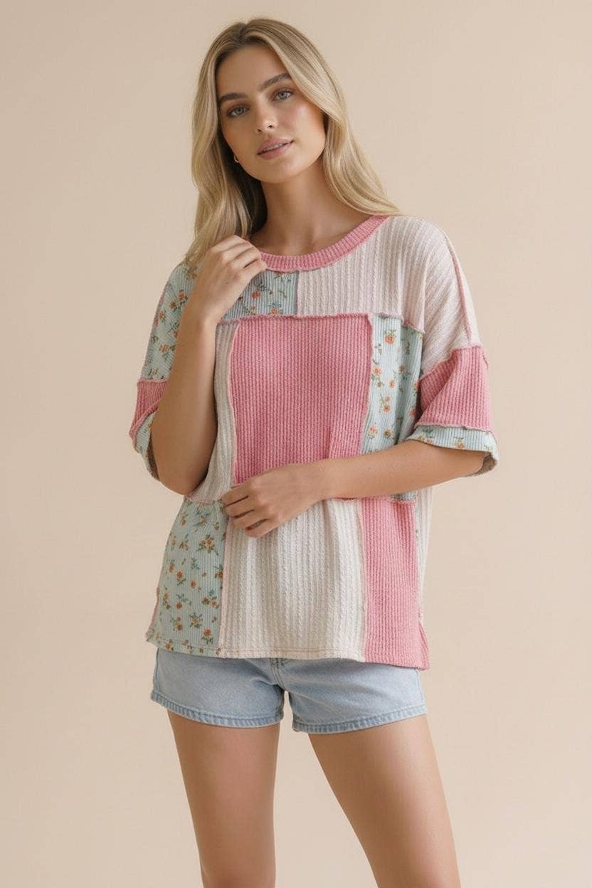 Plus Floral Ribbed Color Block Patchwork Top