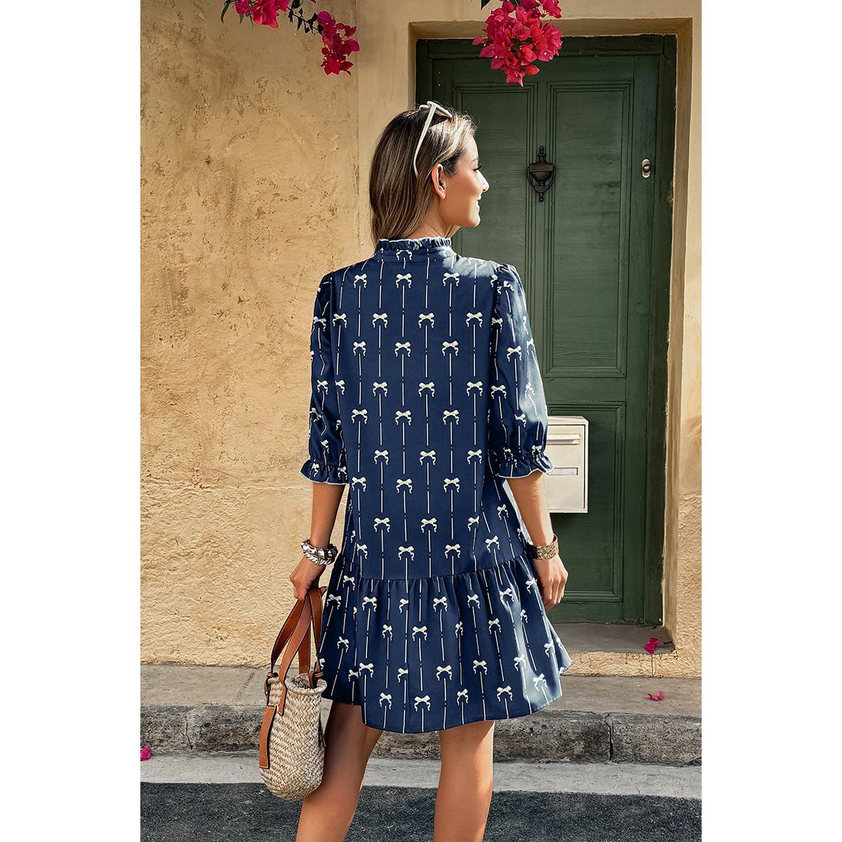 A Line Bow Ruffle V Neck Loose Fit Dress