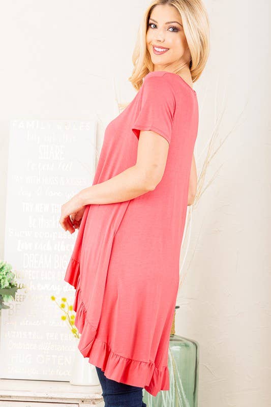 SOLID HIGH LOW TUNIC TOP WITH RUFFLED