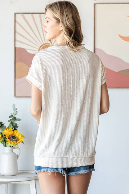 Color Block Textured Patchwork Short Sleeve Top