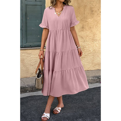 Solid V Neck A Line Ruffle Hem Pleated Dress