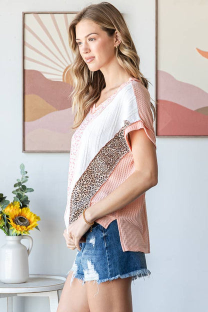 Multi Fabric Patchwork V neck Short Sleeve Top T5941