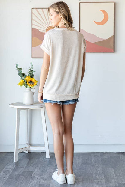 Color Block Textured Patchwork Short Sleeve Top