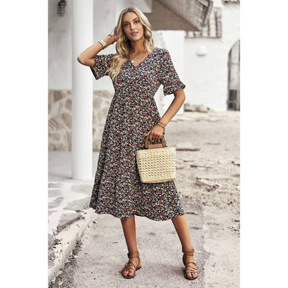 Boho Floral Ruffle Hem V Neck Short Sleeve Dress
