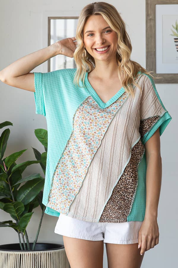 Multi Fabric Patchwork V neck Short Sleeve Top T5941