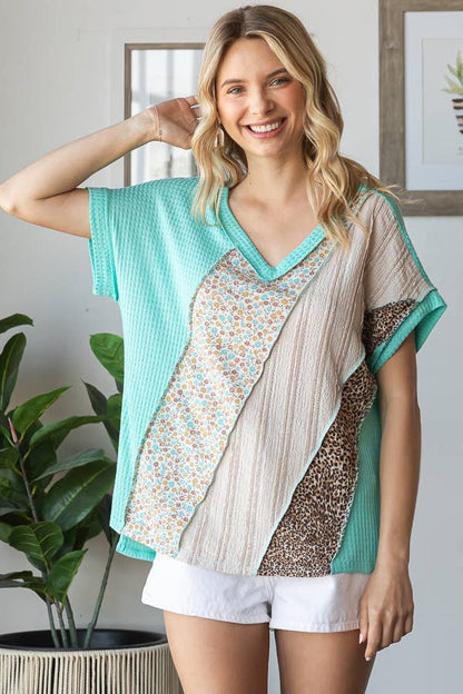 Multi Fabric Patchwork V neck Short Sleeve Top T5941
