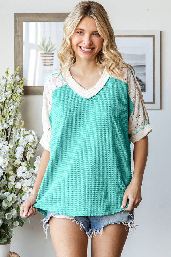 Waffle Knit Lace Detail V Neck Short Sleeve Top T5860