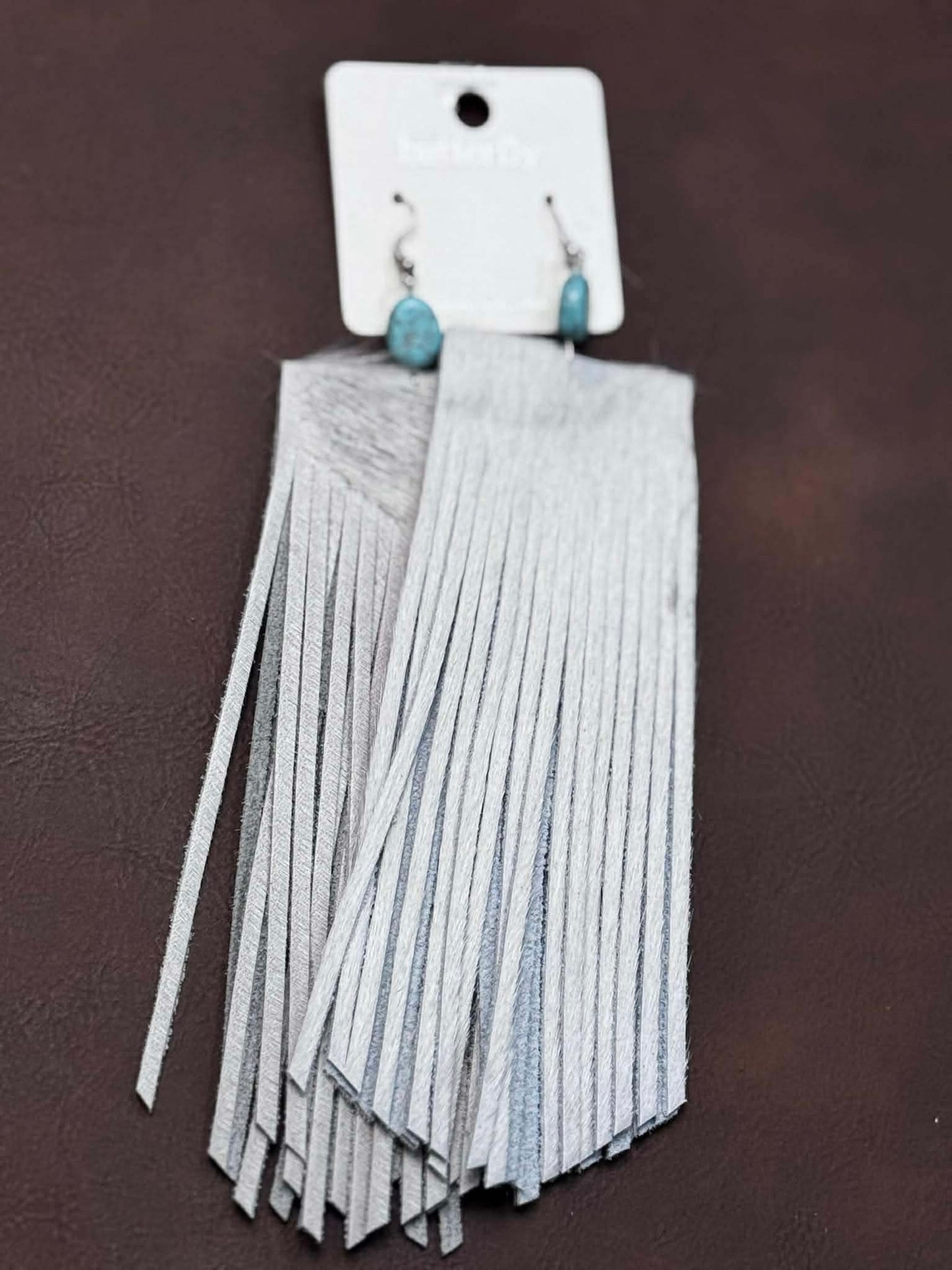 LEATHER FRINGE EARRING WITH TEAL STONE