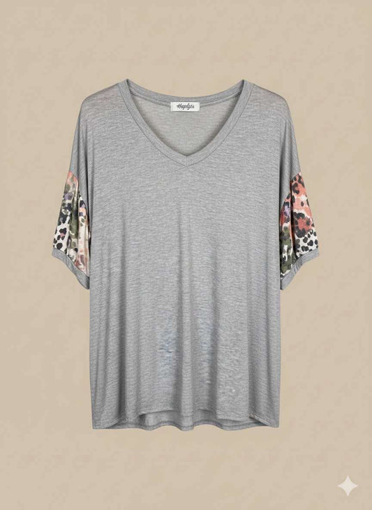 GREY VNECK TOP WITH LEOPARD SLEEVES