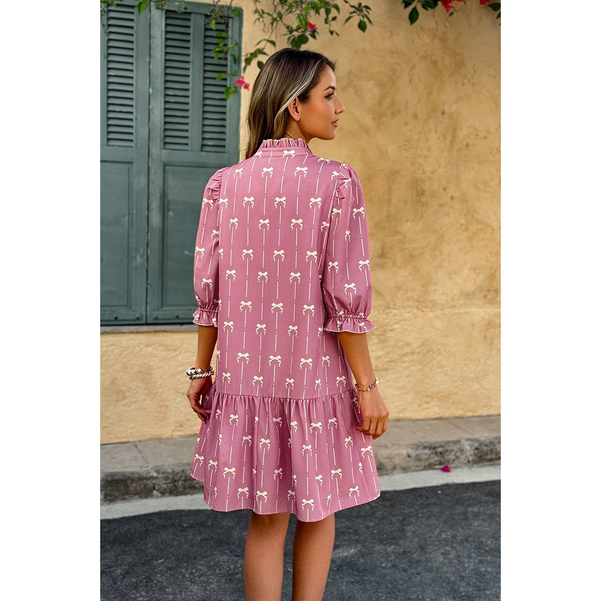 A Line Bow Ruffle V Neck Loose Fit Dress