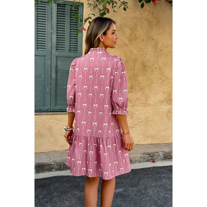 A Line Bow Ruffle V Neck Loose Fit Dress