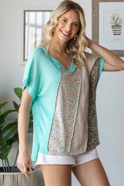 Multi Fabric Patchwork V neck Short Sleeve Top T5941