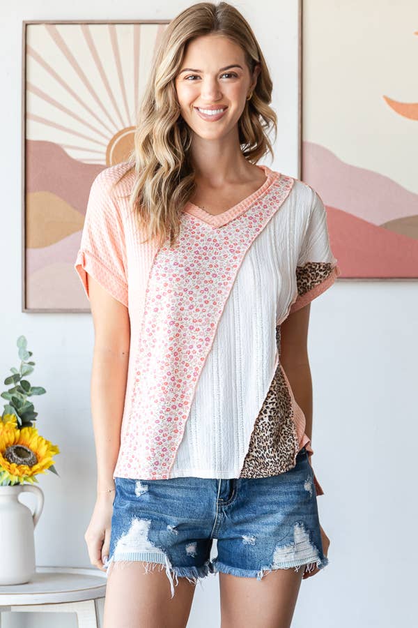 Multi Fabric Patchwork V neck Short Sleeve Top T5941