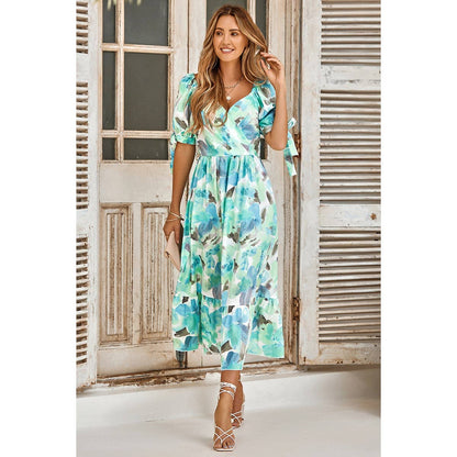 Floral Paint Short Sleeve Tie Cuff Surplice Neck Dress
