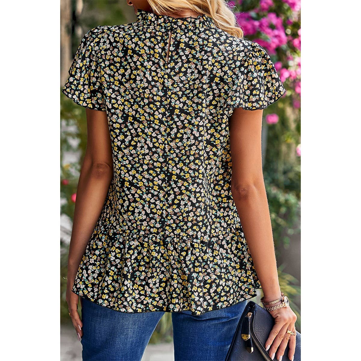 Ruffle Frill Trim Mock Neck Short Sleeve Shirt