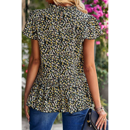 Ruffle Frill Trim Mock Neck Short Sleeve Shirt
