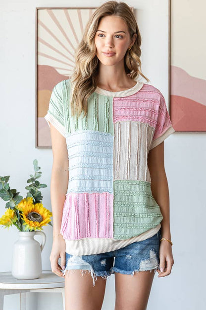 Color Block Textured Patchwork Short Sleeve Top