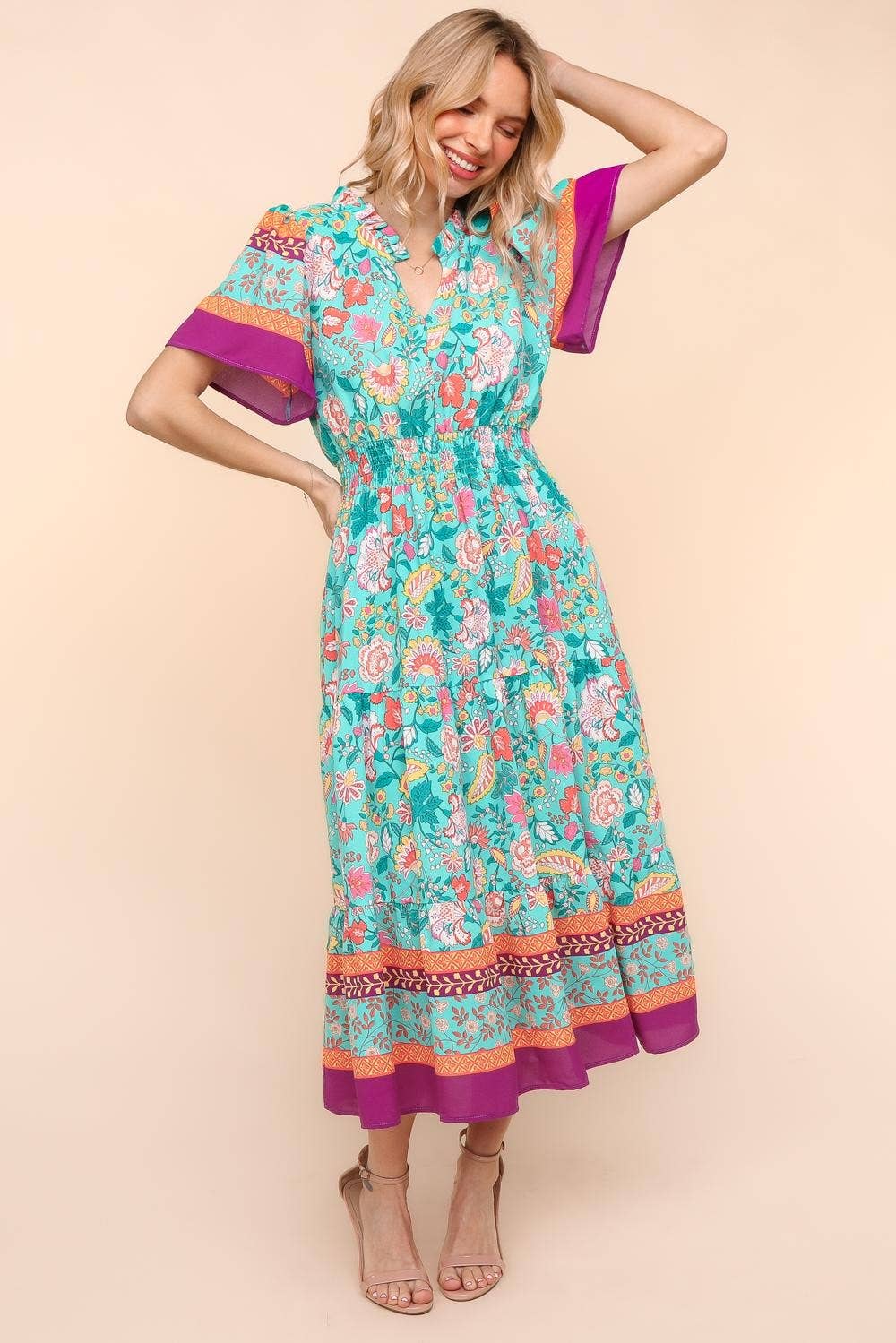 Max Floral Border Print Dress W/side Pockets