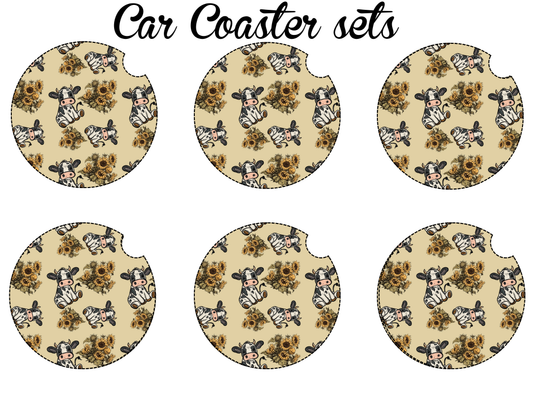Cows and sunflowers car coaster set