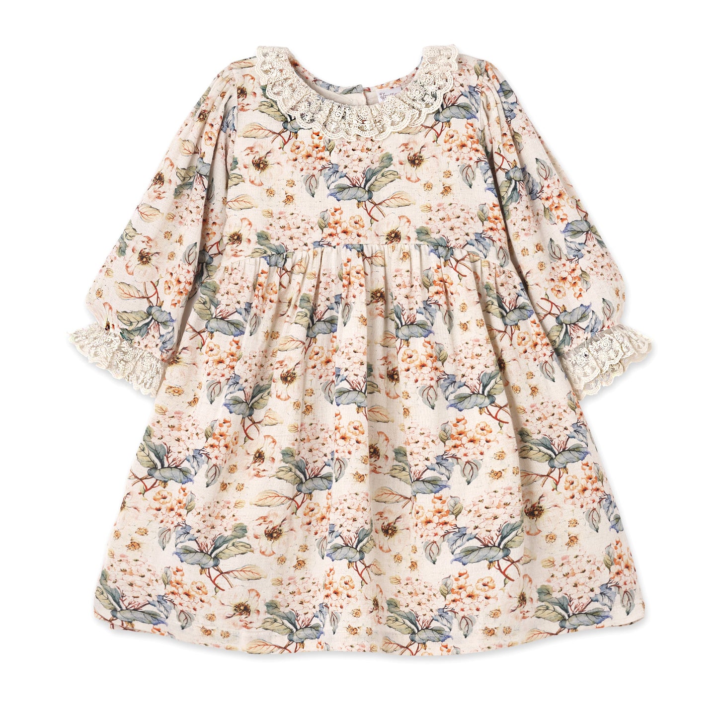 Vintage Floral Dress with Lace Collar Ruffles, Linen Blend