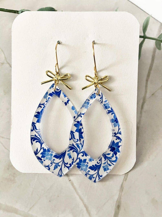 Floral Teardrop Dangle Earrings: Gold Bow Accent, Lightweight