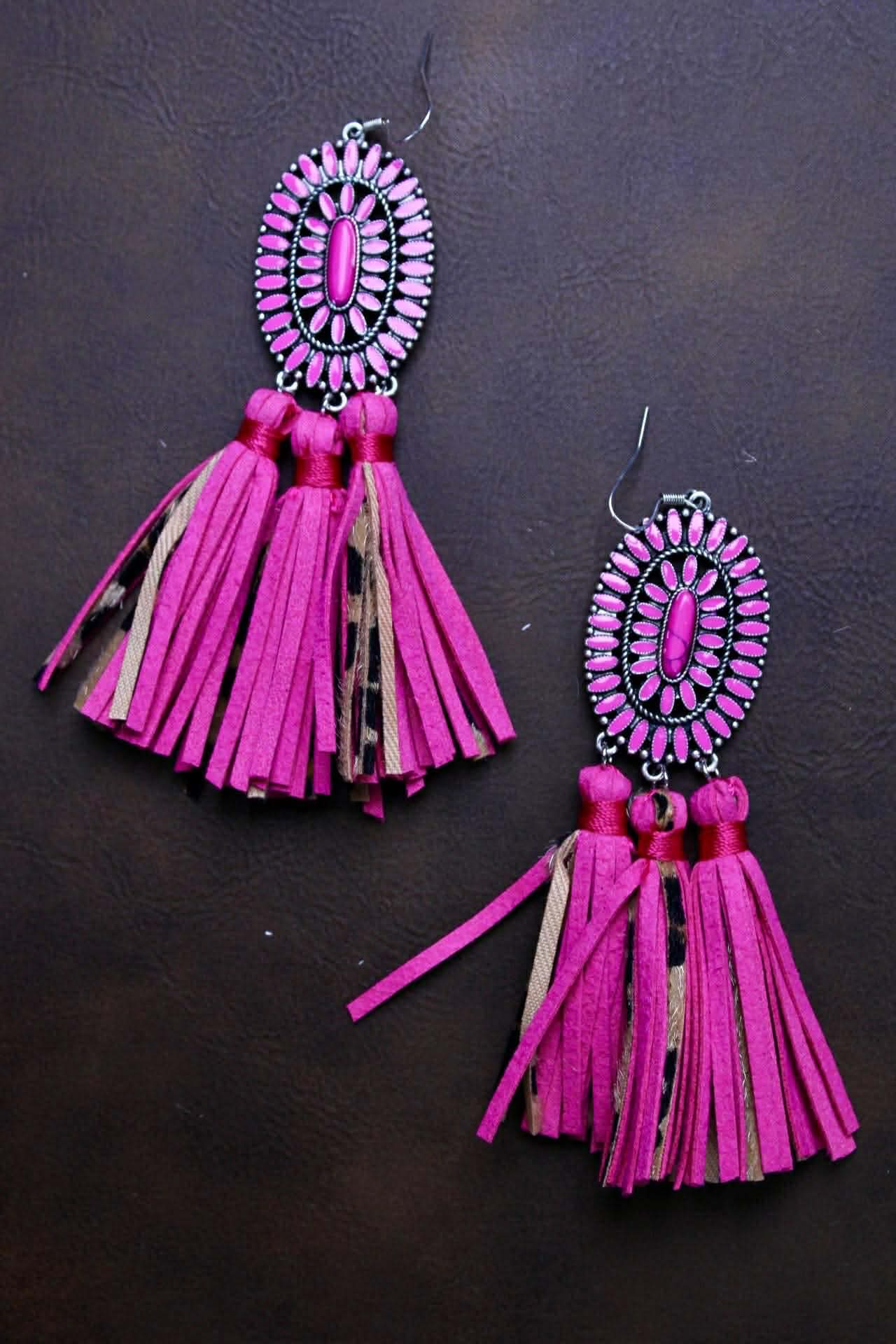 SQUASH EARRINGS WITH LEATHER AND LEOPARD TASSELS