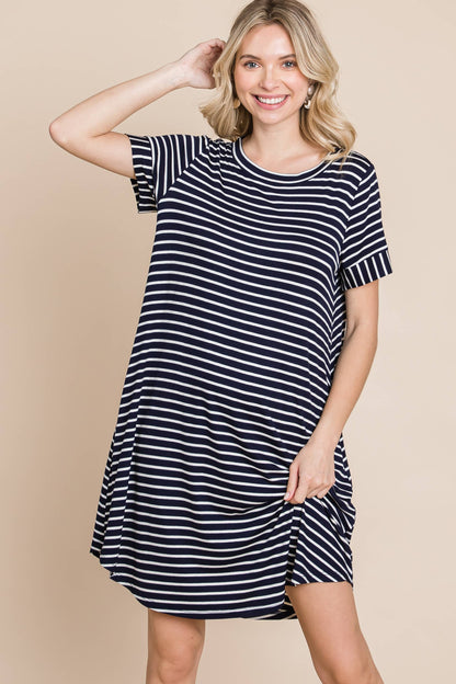 Back Button Striped Jersey Dress