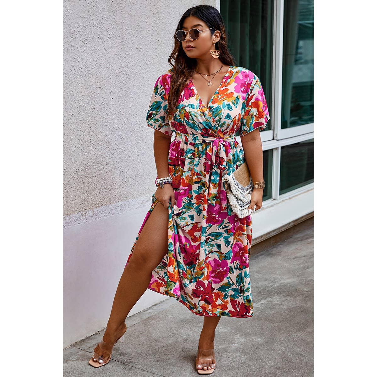 Plus Size Floral Butterfly Sleeve Belted Dress