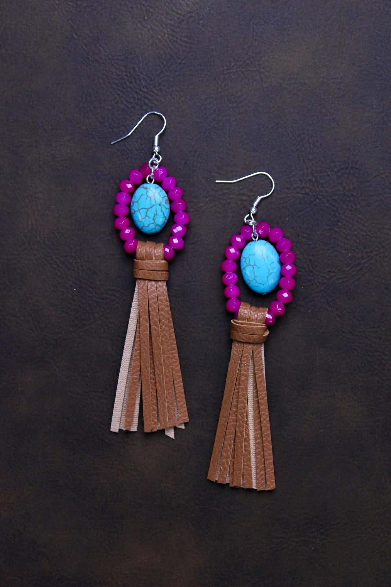 HOT PINK WITH TURQUOISE STONE AND LEATHER TASSEL EARRINGS