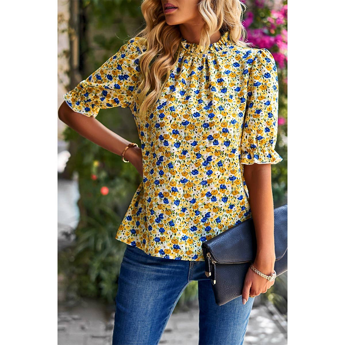 Boho Floral Ruffle Mock Neck Puff Short Sleeve Shirt