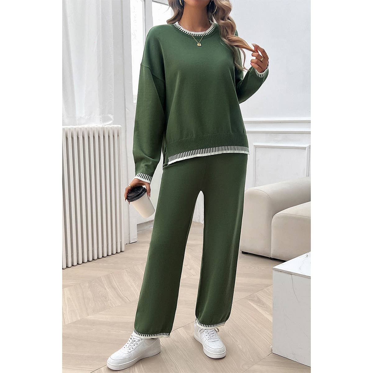 Color Block Round Neck Drop Shoulder Loose Set