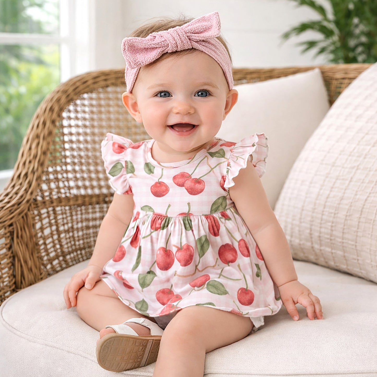 Cherry Picnic Flutter Sleeve Bamboo Skirted Bodysuit